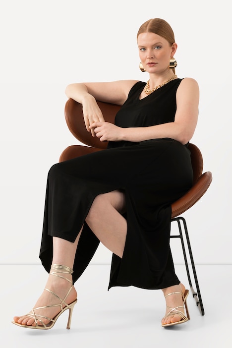 Slinky-Midikleid, A-Linie, V-Ausschnitt, ärmellos