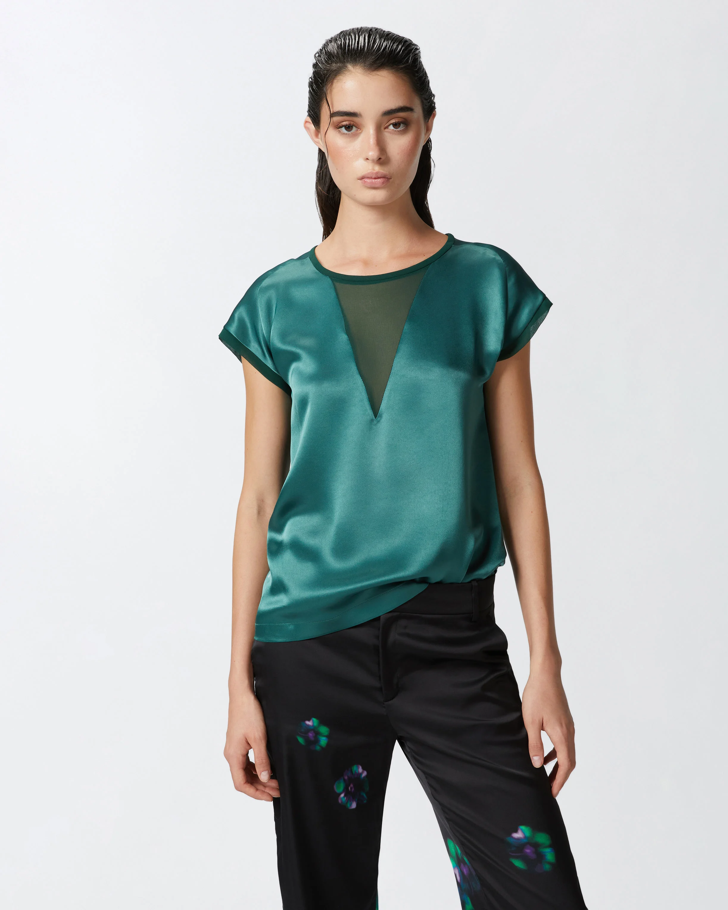 Blouse façon t-shirt et crêpe georgette | Vert