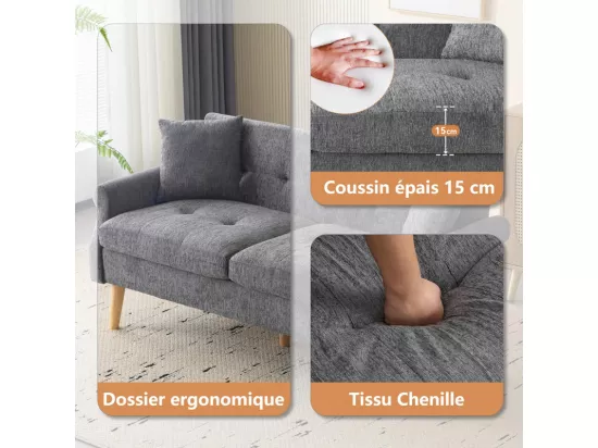 Canapé 2 places en tissu Chenille gris - avec 2 oreillers - accoudoirs rembourrés - 20cm pieds en bois massif -162x74x77cm
