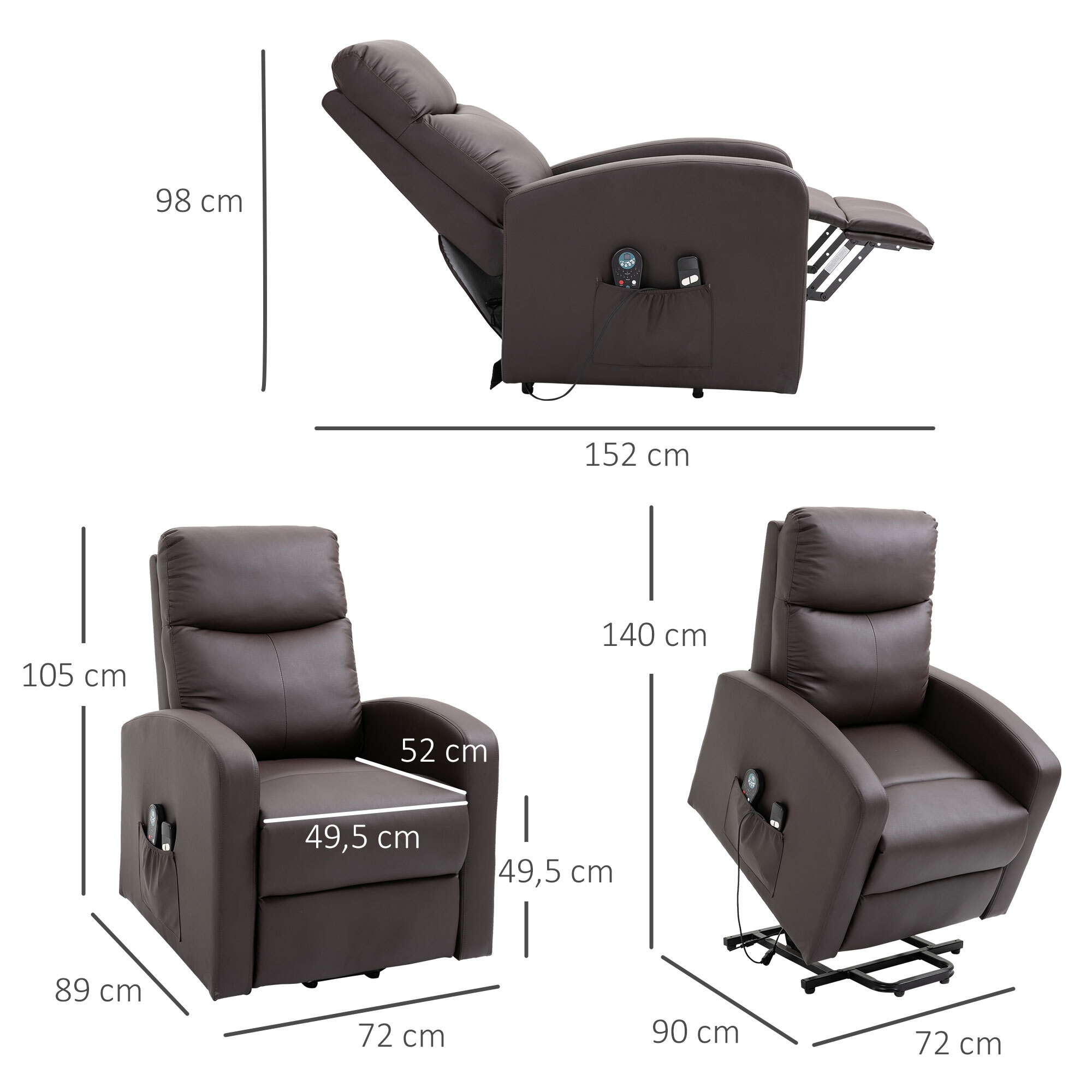 HOMCOM Funktionssessel mit Massagesessel und Aufstehhilfe braun 72L x 89B x 105H cm