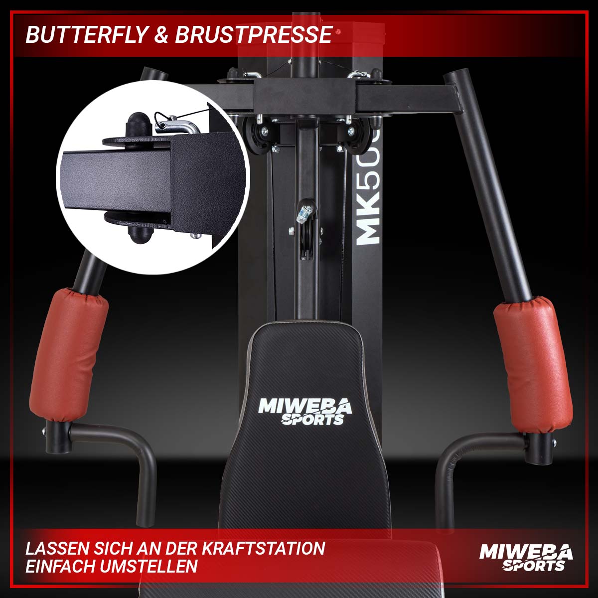 Miweba Sports 50in1-Kraftstation MK500 Pro, Fitnessstation mit ca. 60 kg Seilzug, Butterfly, Zugturm
