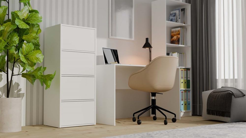 CDF Kommode Schrank Hochschrank mit 4 Türen und Einlegeböden IDEAL FÜR Wohnzimmer -KOMPAKT & MODERN | STABIL & VIELSEITIG | Weiß