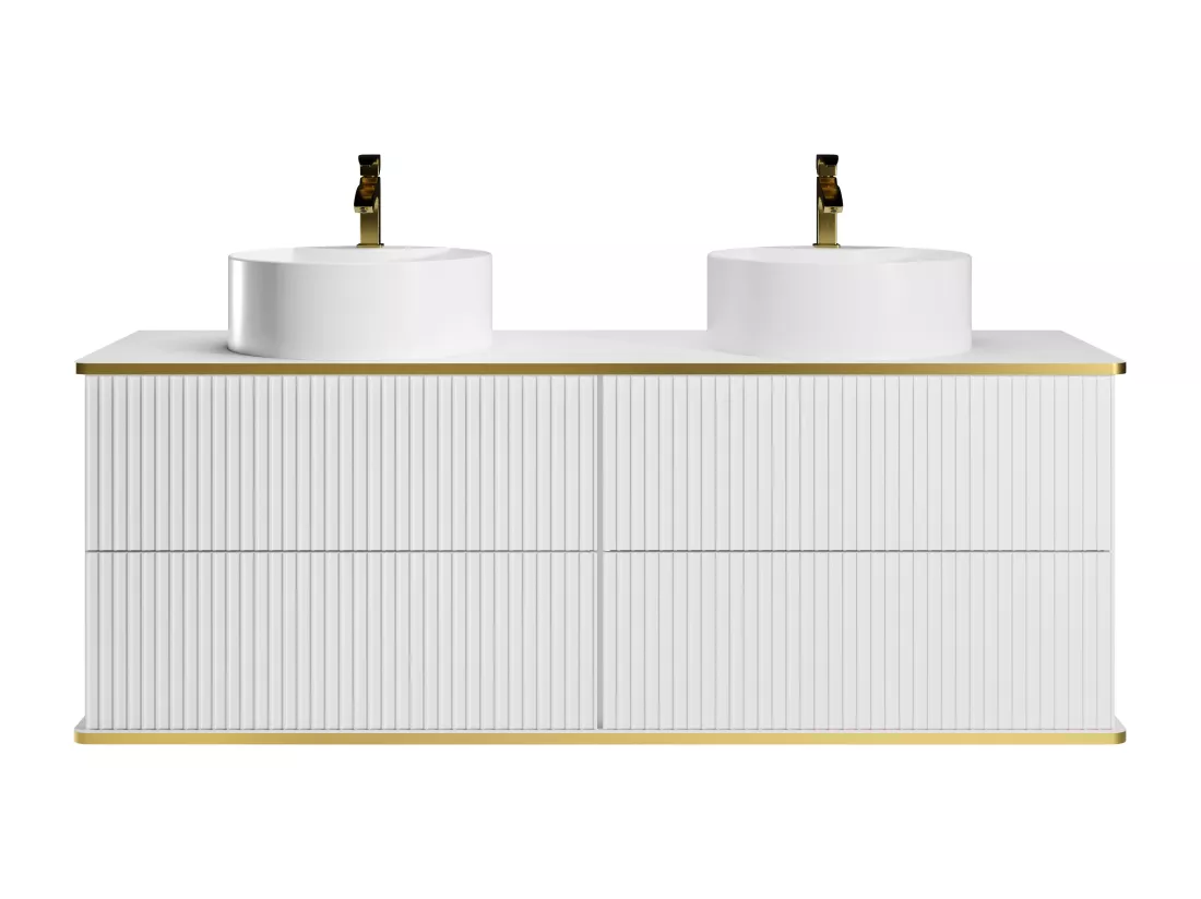 Meuble de salle de bain suspendu strié liseré doré avec double vasque à poser ronde - Blanc - 150 cm - KELIZA