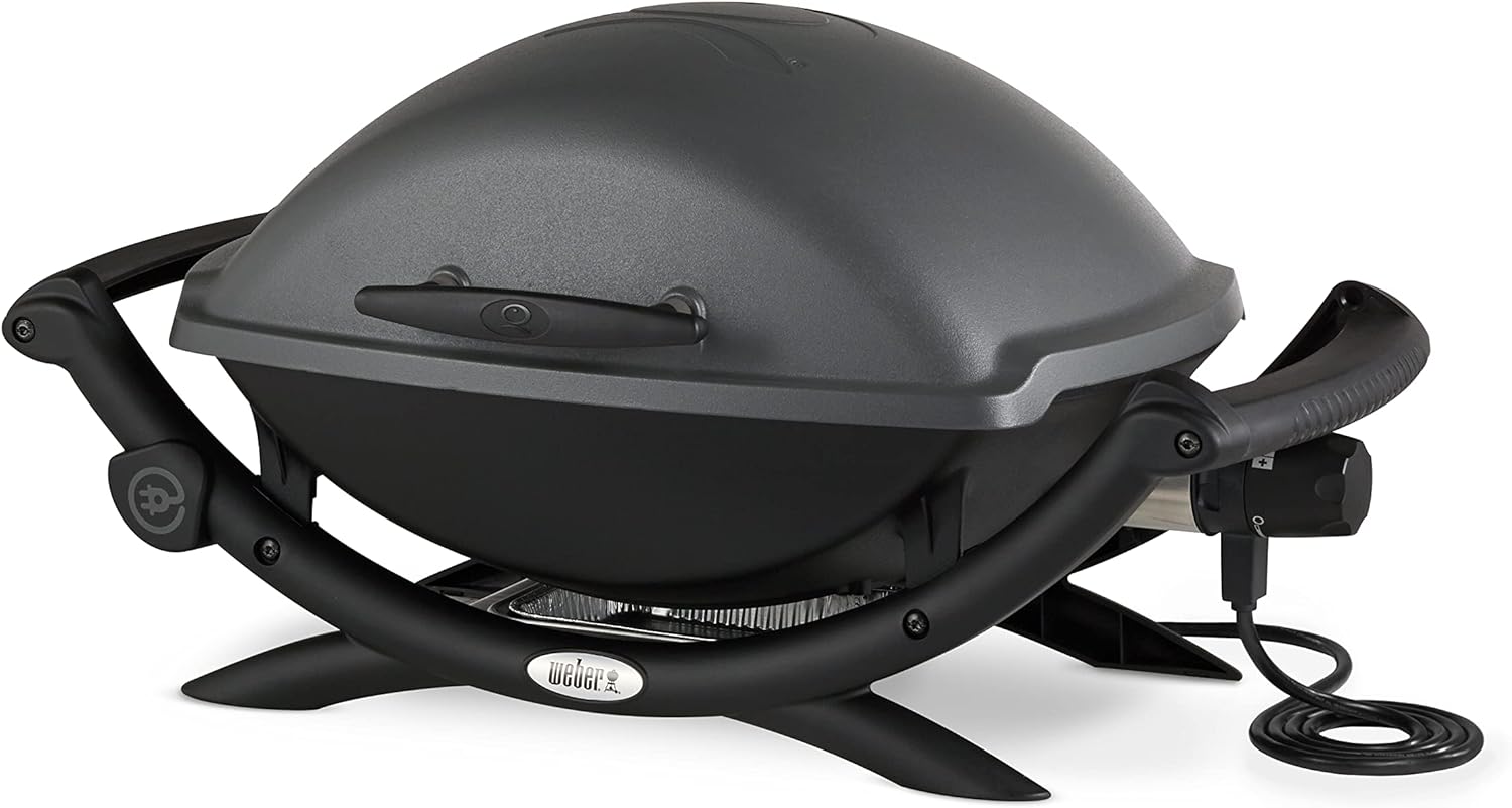 Weber Q2400 Barbecue électrique avec support + tablettes latérales, surface de cuisson 54 x 39 cm, grille en fonte émaillée (2 parties), couvercle et cuve en fonte d'aluminium - Gris foncé (55020053)