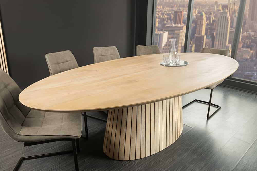 Ovaler Esstisch ART DECO 220cm weiß gekälkt massives Mangoholz mit Säulenfuß