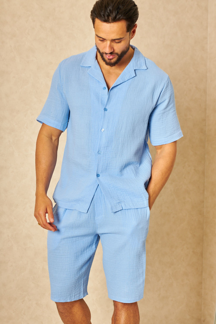 Ensemble 2 pièces chemise + short effet lin bleu ciel