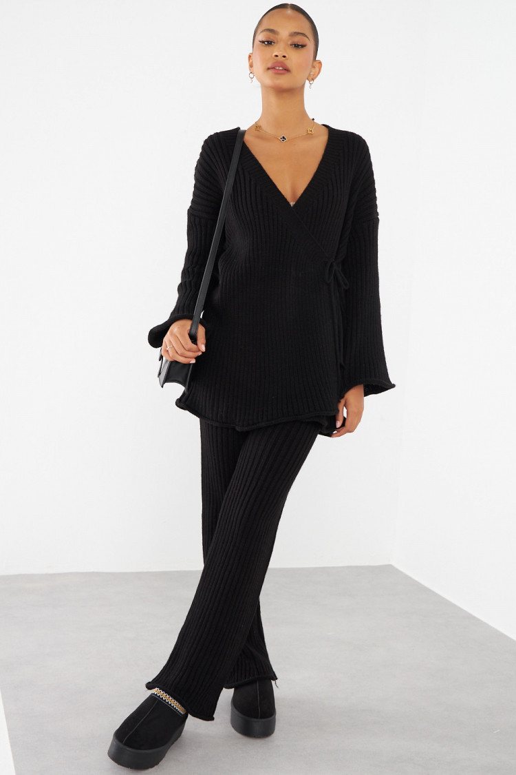 Ensemble 2 pièces gilet croisé + pantalon noir en maille