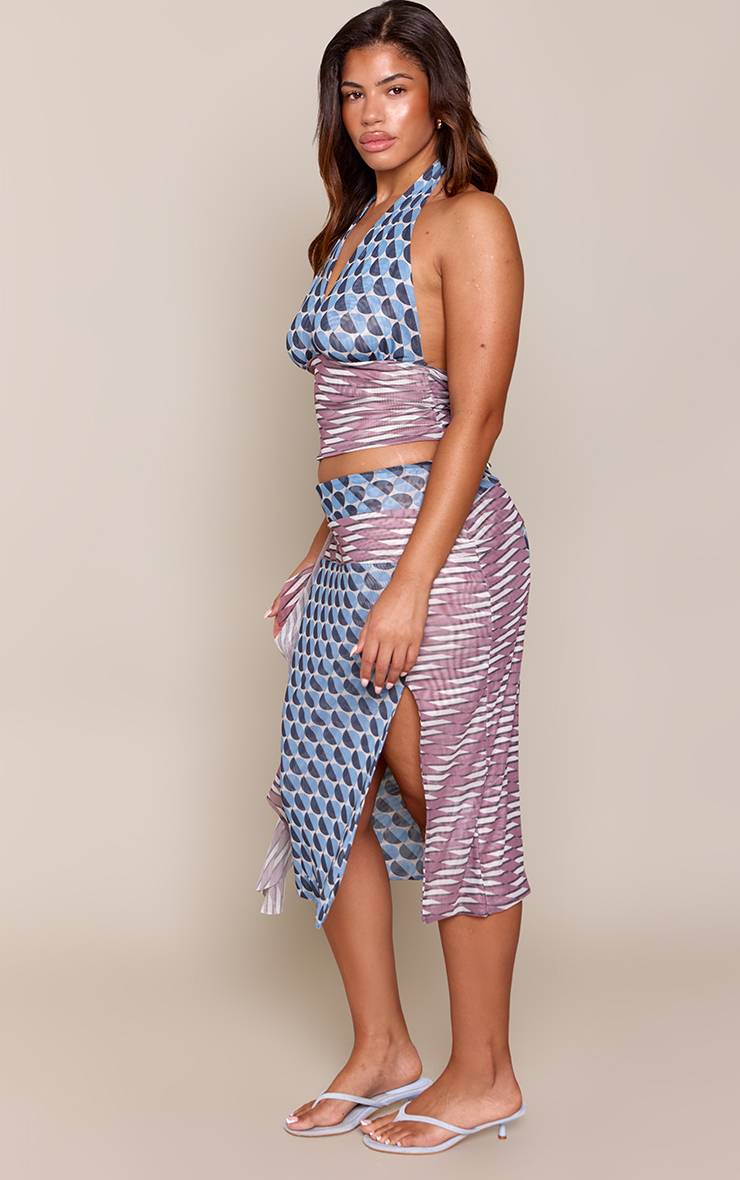 Bleu Jupe Midi En Mesh Asymétrique À Imprimé Contrasté