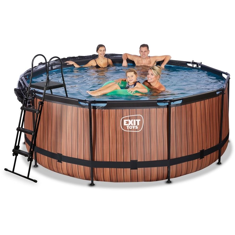EXIT Wood Pool ø360x122cm mit Abdeckung und Sandfilterpumpe, braun