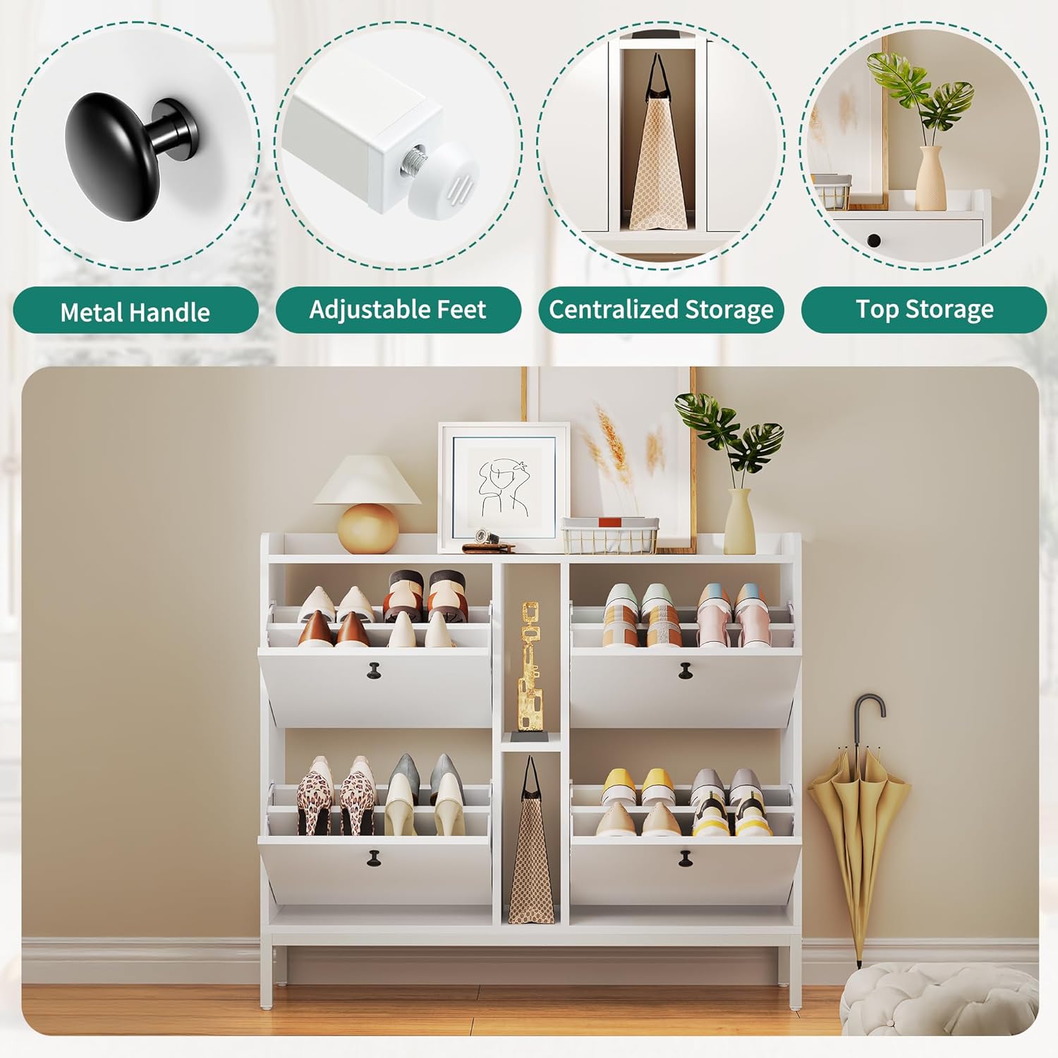 YITAHOME Schuhschrank Schmal mit 4 Klappen, 108 x 27.5 x 95.5 cm für 16 Paar Schuhe mit 2 Offene Regale, Schuhschrank Weiß, Schuhkipper, Schrank Flur Schuhkommode im Flur, Platzsparend