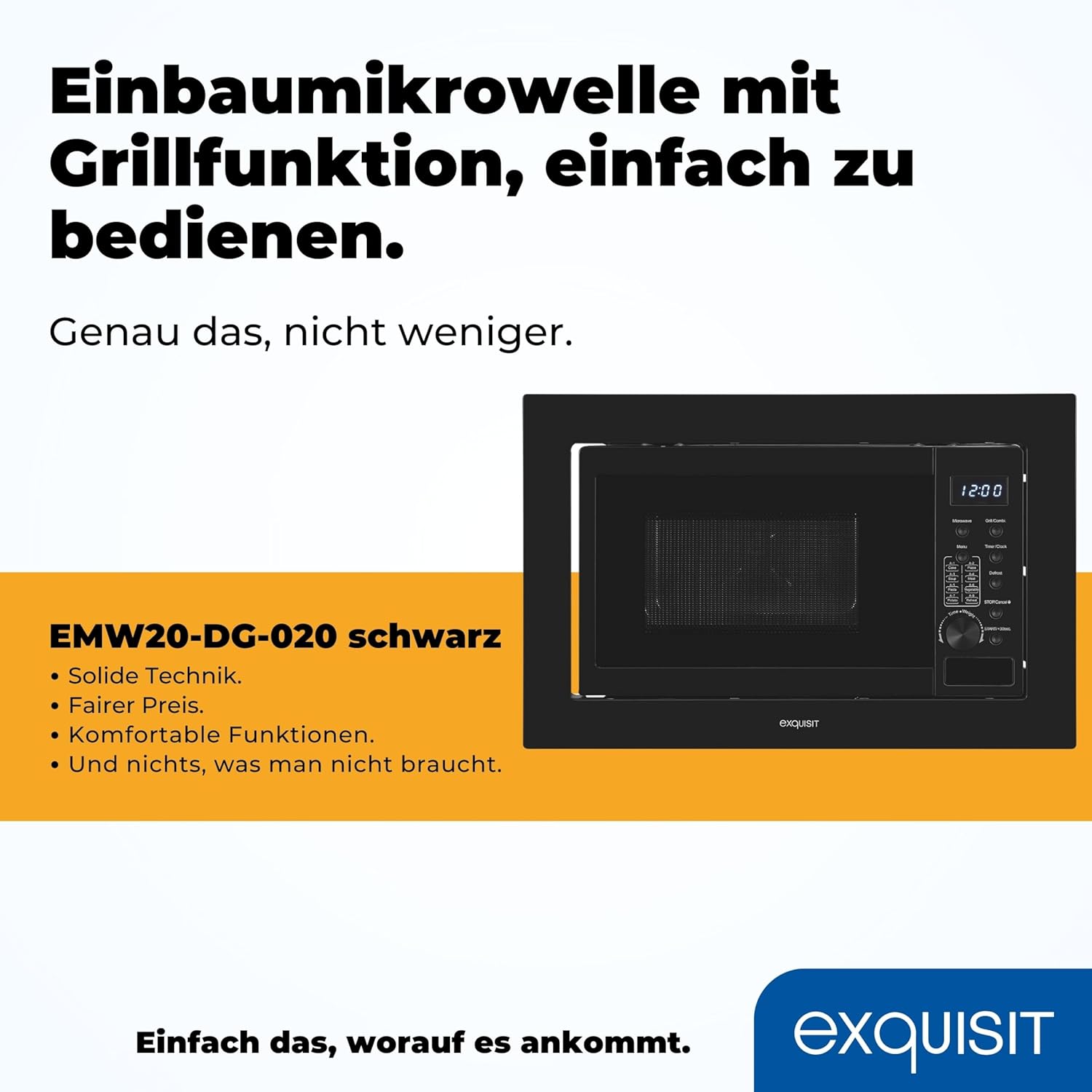 Exquisit Einbaumikrowelle EMW20-DG-020 schwarz| 800 W Leistung | 1000 W Grill | 8 Autokochprogramme| Drehteller 27cm | Einbaugerät | Edelstahl-Garraum