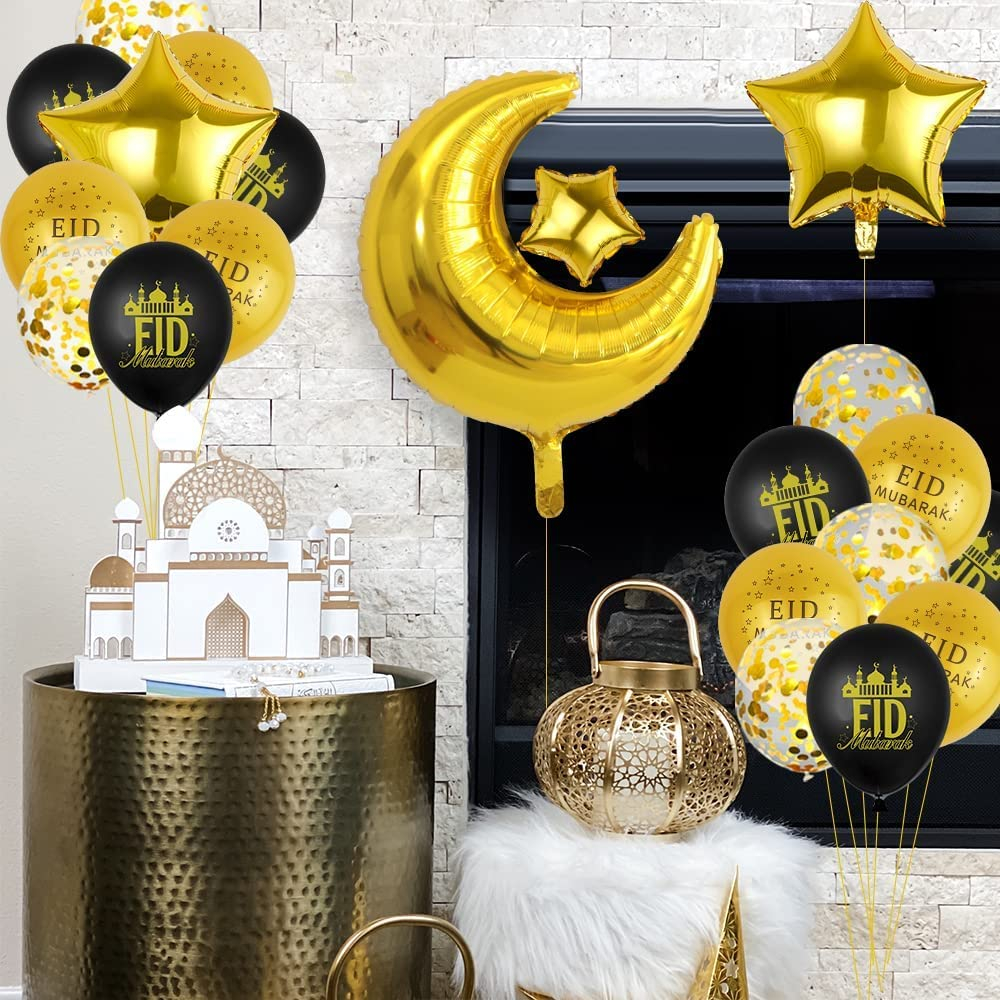 (34-tlg. Set) Ramadan Ballon Girlande Eid Mubarak Party Deko   Latex- & Folien Luftballons / Kuchenstecker - Gold / Schwarz
