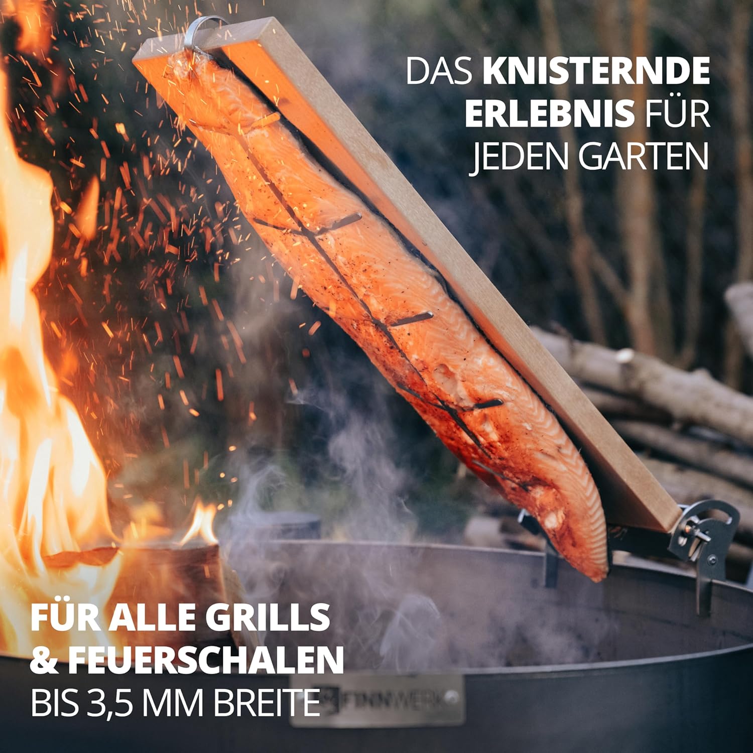 FINNWERK Flammlachsbrett Geschenkset - Lachsbretter mit Halterung aus Edelstahl und praktischem Winkelsystem - Räucherbrett aus massiver Birke - Perfektes Outdoor Geschenk mit Echtholz-Geschenkbox