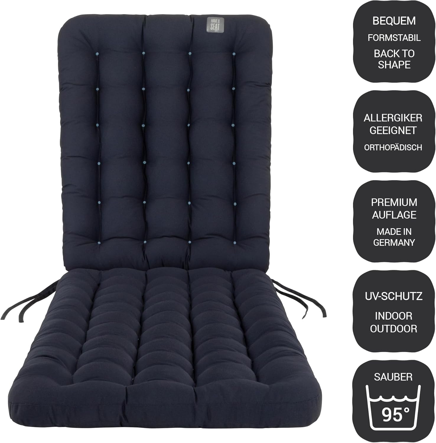 Auflage für Deckchair 180x50 cm - Bequeme Liegestuhl Auflage, 8 cm Dick - Waschbar bis 95°C, Orthopädisch, Wetterfest - Made in Germany (180x50 cm, Marine Blau)