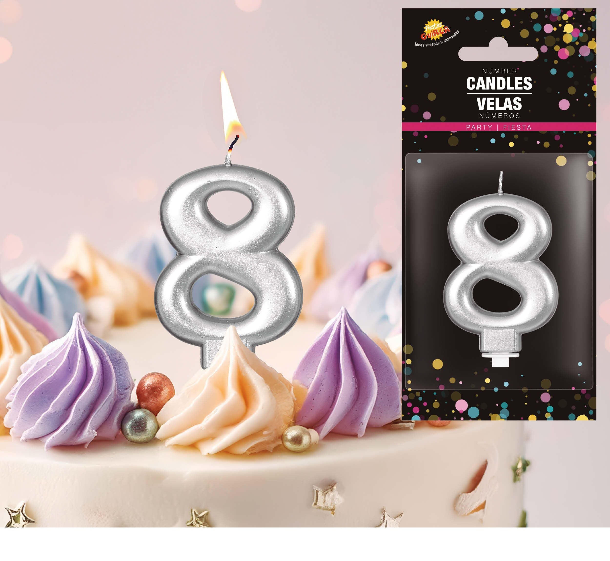 Zilveren Kaars 8 Jaar Metallic 8cm