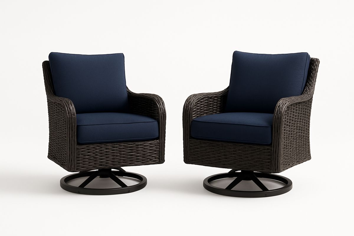 2er-Set Rattan-Drehstühle mit blauen Kissen und Aluminiumrahmen