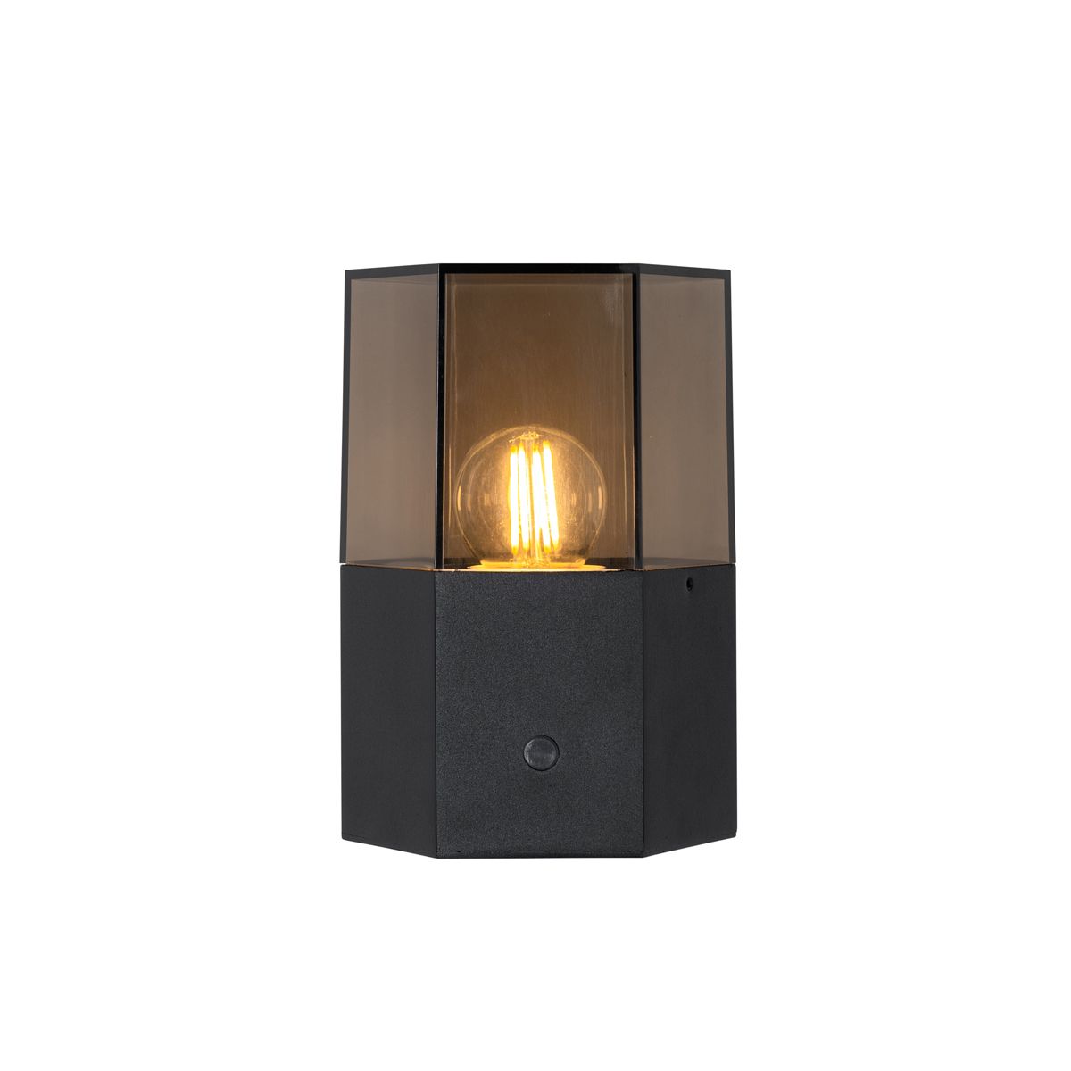 Buiten wandlamp zwart met smoke glas zeshoek en schemersensor - Denmark