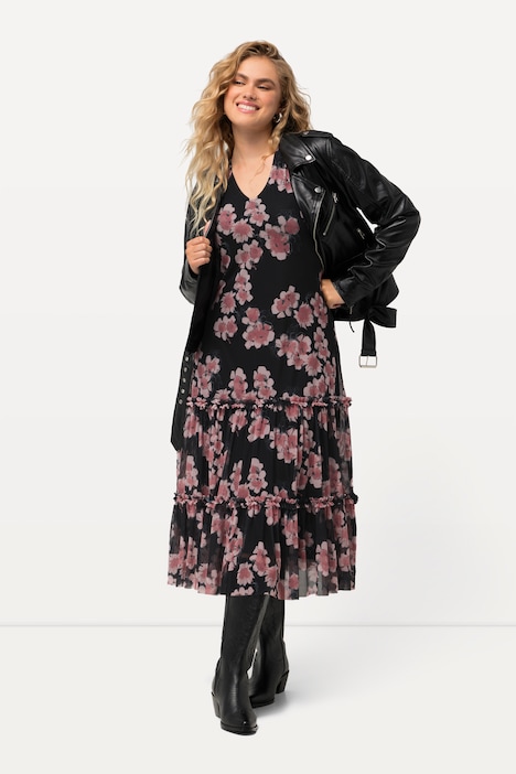Midikleid, doppellagig, Blumen, V-Ausschnitt, Langarm