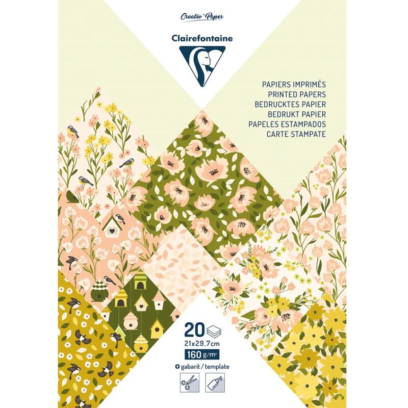 PAPIERS IMPRIMÉS, Bloc de 20 feuilles à motifs 160g/m2 au format A4 (21x29,7cm) + 1 idée créative - Printemps - Multicolore