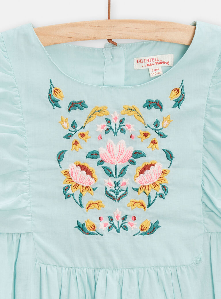 Robe vert d'eau à broderies fleuris pour fille