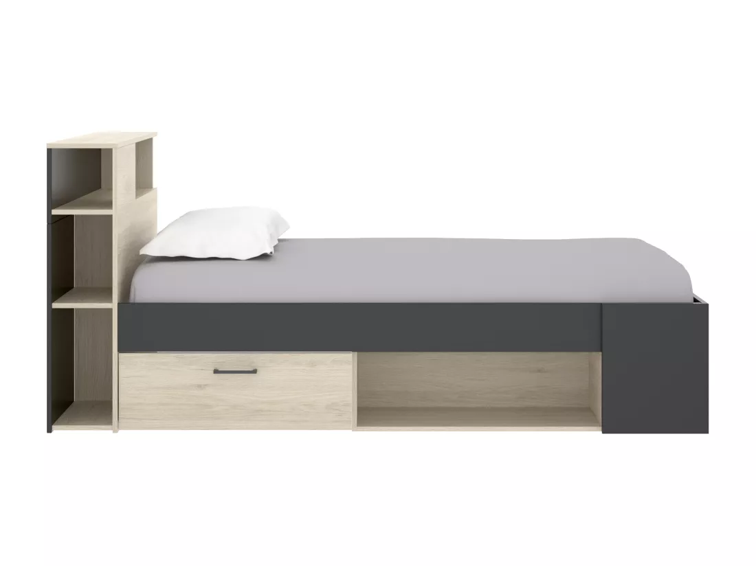 Lit avec tête de lit rangements et tiroirs - 120 x 190cm - Coloris : Naturel et anthracite - LEANDRE