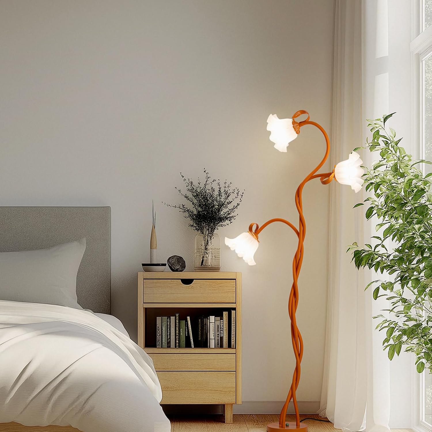 Blumen Stehlampe Wohnzimmer,Schwanenhals DIY Bogenlampe Standleuchte mit 3-Köpfe Rose,Flexibel Stehlampe Dimmbar Leselampe Studie,Standing Floor Lamp für Schlafzimmer,BüRo,170Cm,Orange Far.