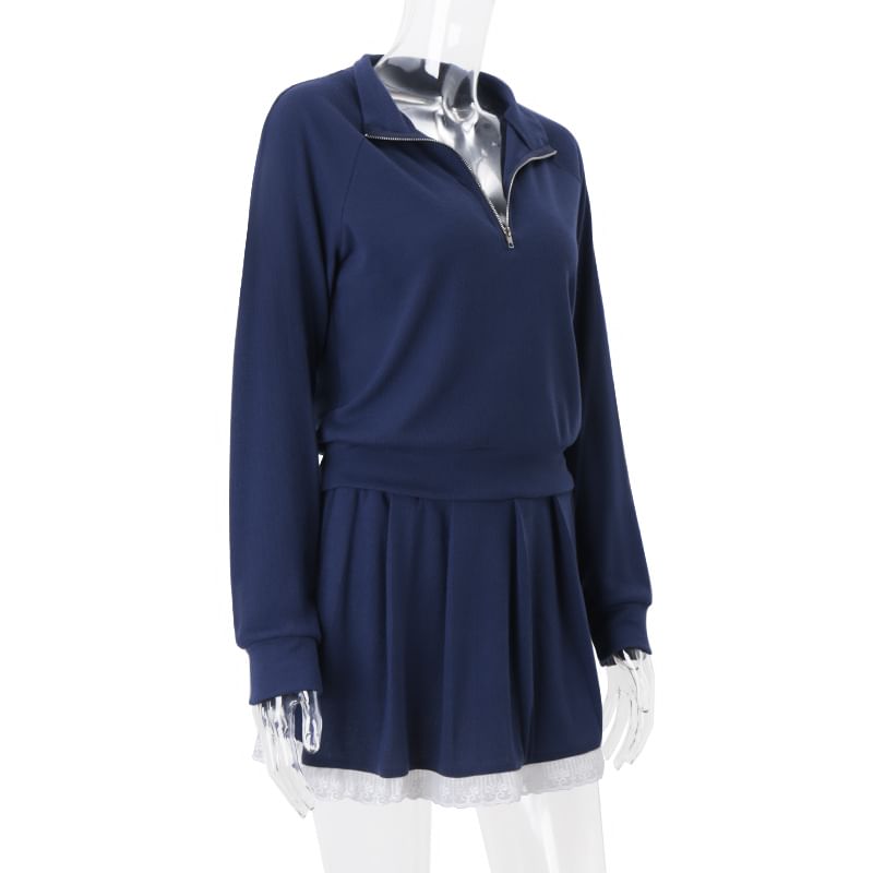 500 STUDIO - Effen pullover met halve rits / mini-plooirok