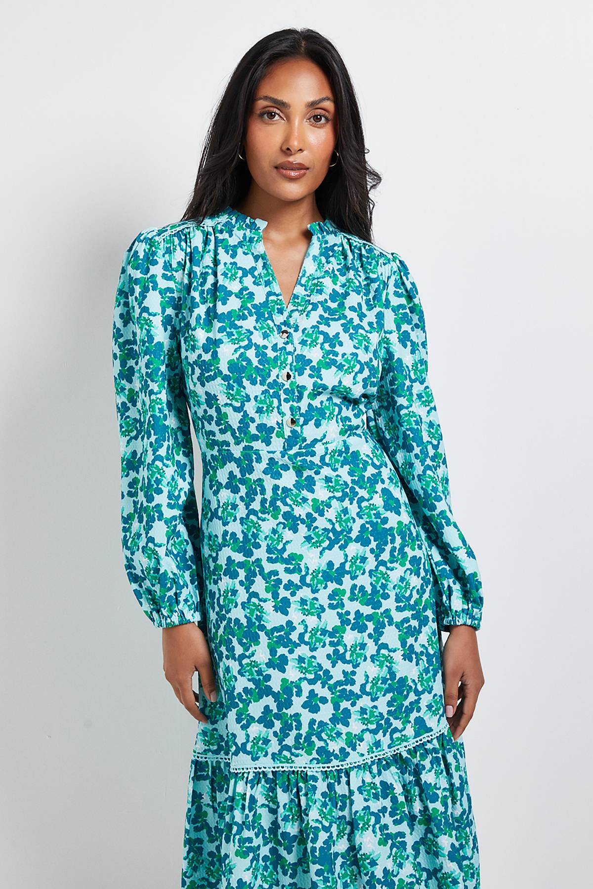 Wallis Robe Midi Boutonnée à Motifs Floraux en Gaufre Petite