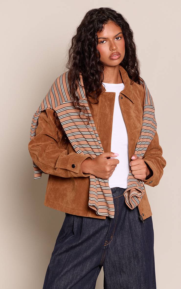 Marron Blouson Aviateur En Faux Suède À Patte De Boutonnage Dissimulée