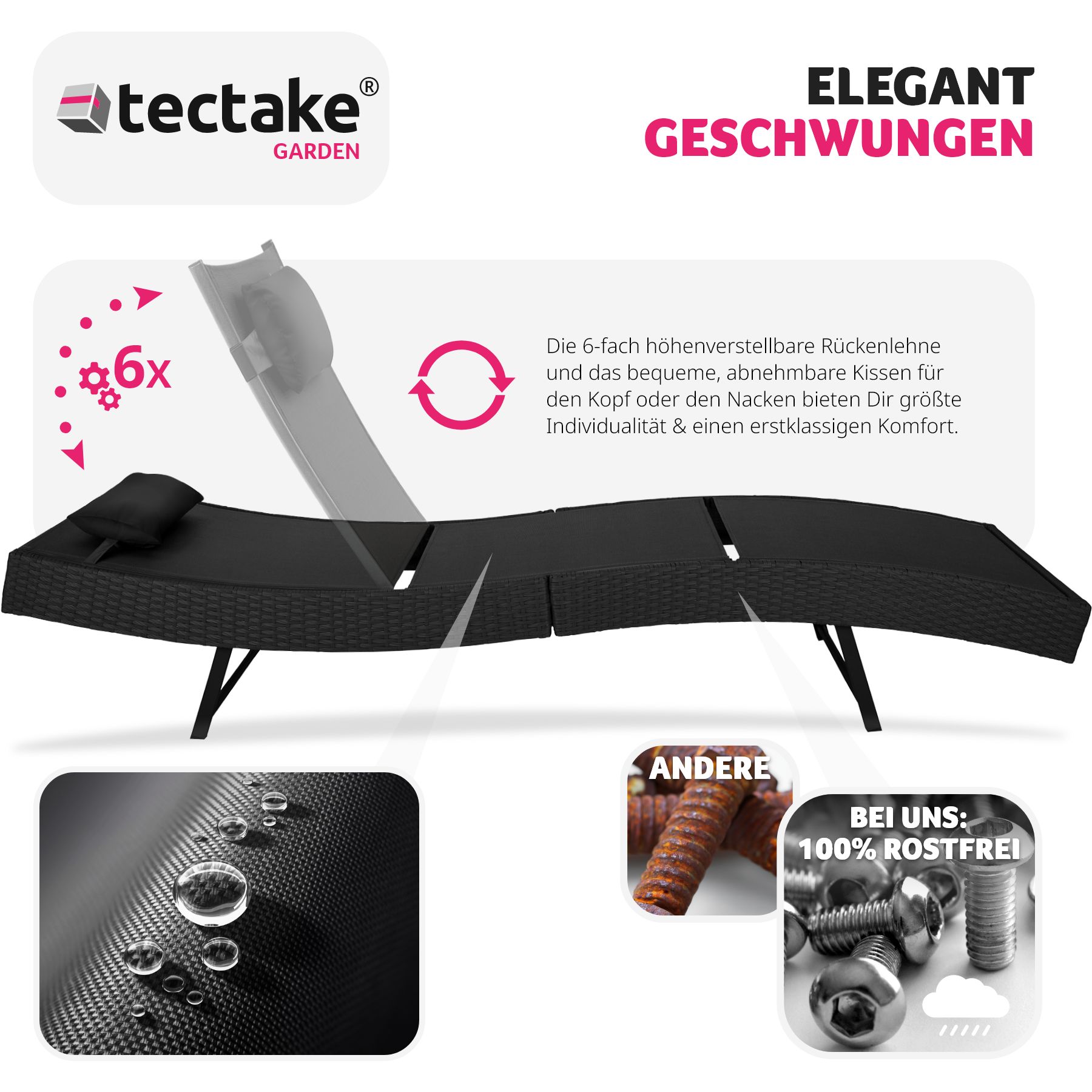 tectake® Rattan Sonnenliege, widerstandsfähig und UV-beständig, 6-fach verstellbare Rückenlehne, 69 x 211 x 41 - 94 cm