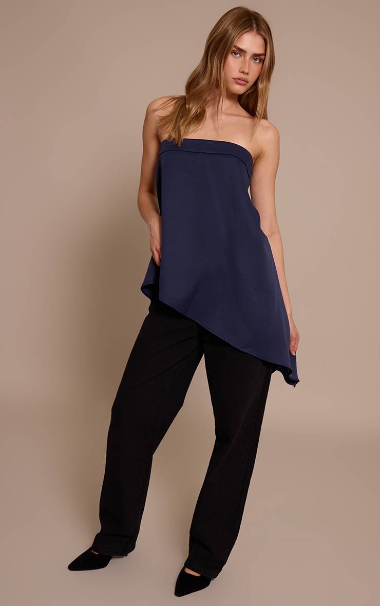 Bleu Marine Haut Long Vaporeux Asymétrique À Bustier Tissé