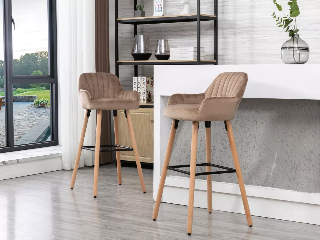 Tabouret de bar en velours et pieds bois de hêtre - Beige - ELEANA