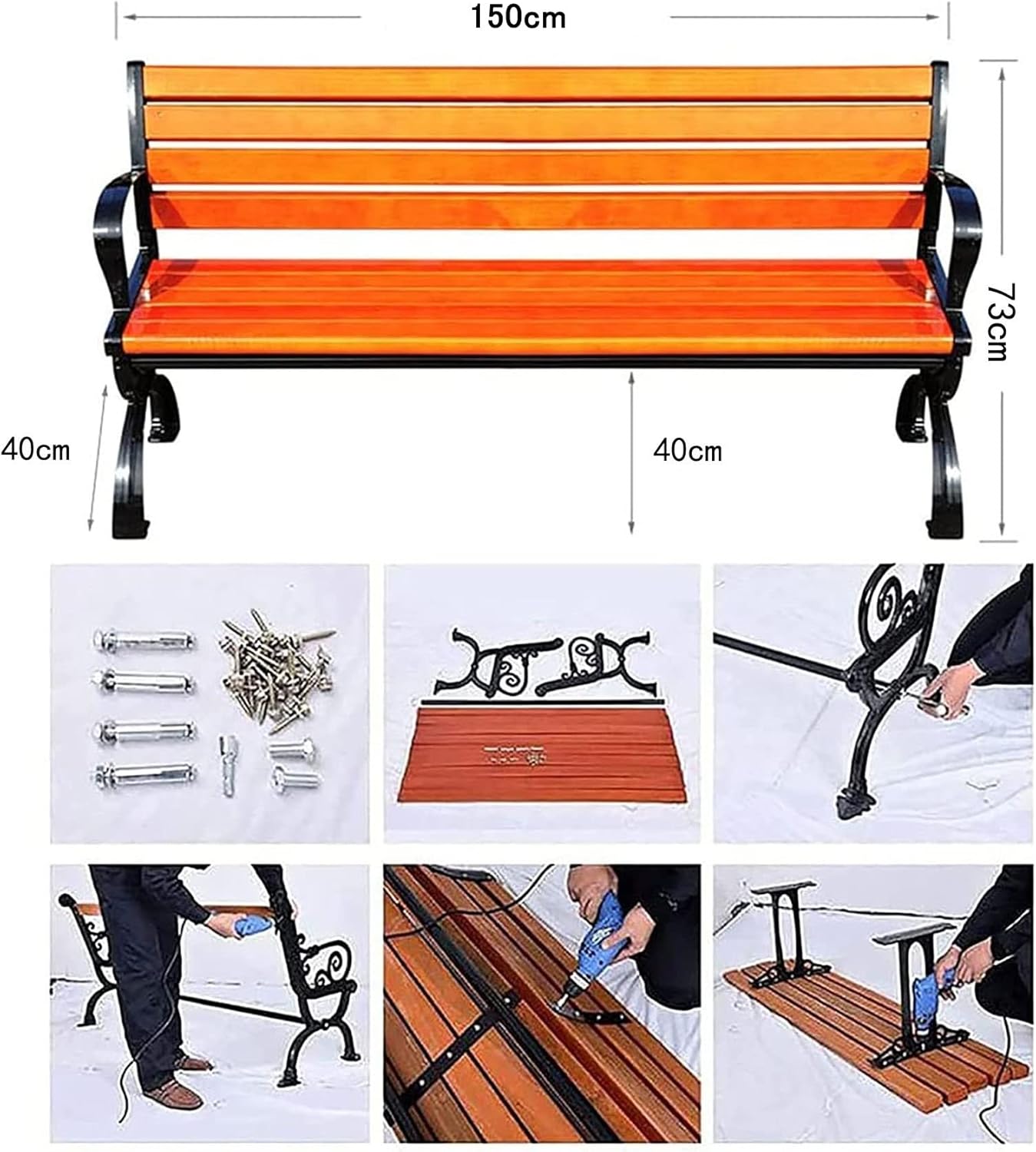 Gartenbank für den Außenbereich, Parkbank Holzbank im Freien, Terrasse im Freien Freizeitbank, Parksitze mit Armlehnen und Rückenlehnen, Geeignet für Rasen, Veranda 150 x 40 x 73 cm