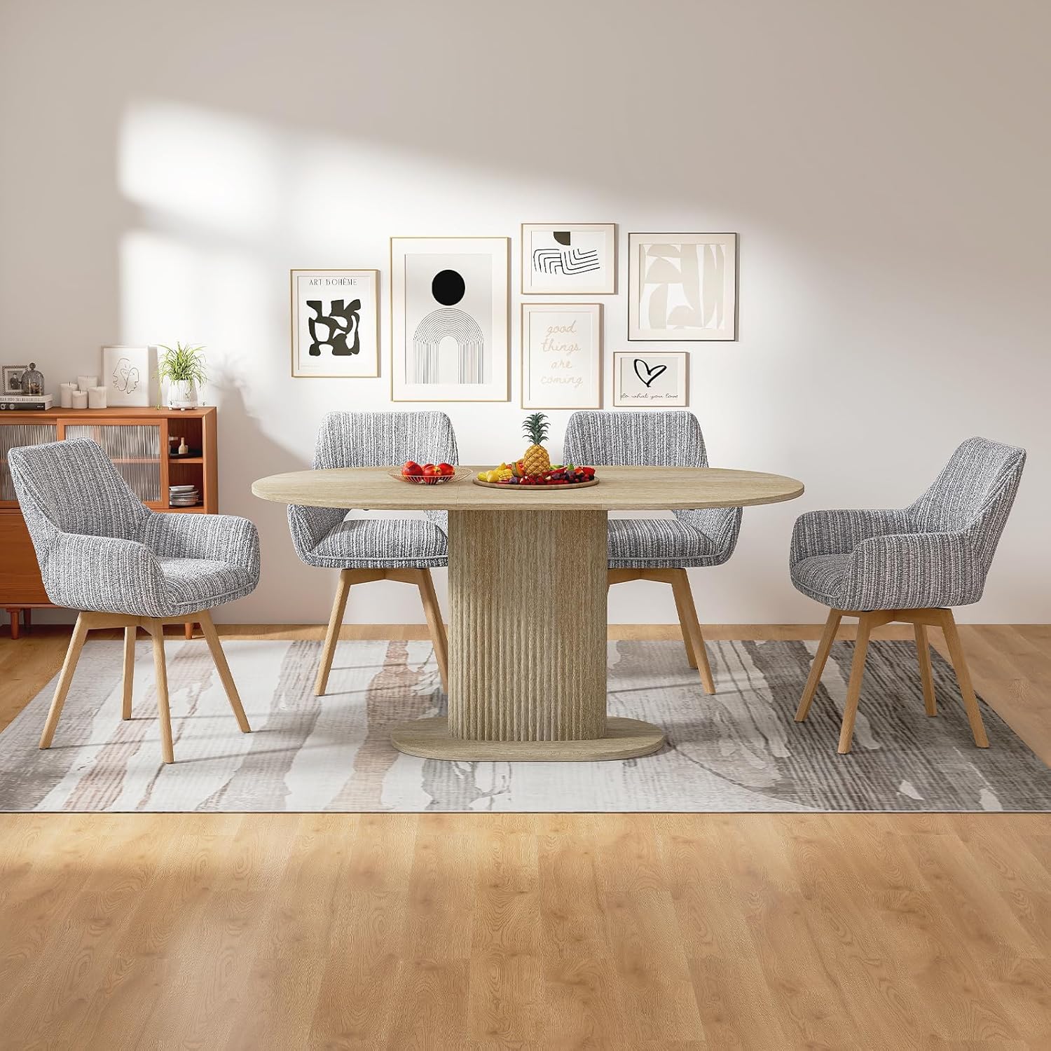 2er Set Esszimmerstuhl Drehbar mit Armlehne und Holzbeinen, 360° Drehbar, Moderner Polsterstuhl mit Stoffrückenlehne für Küche, Wohnzimmer, Schlafzimmer, Hellgrau