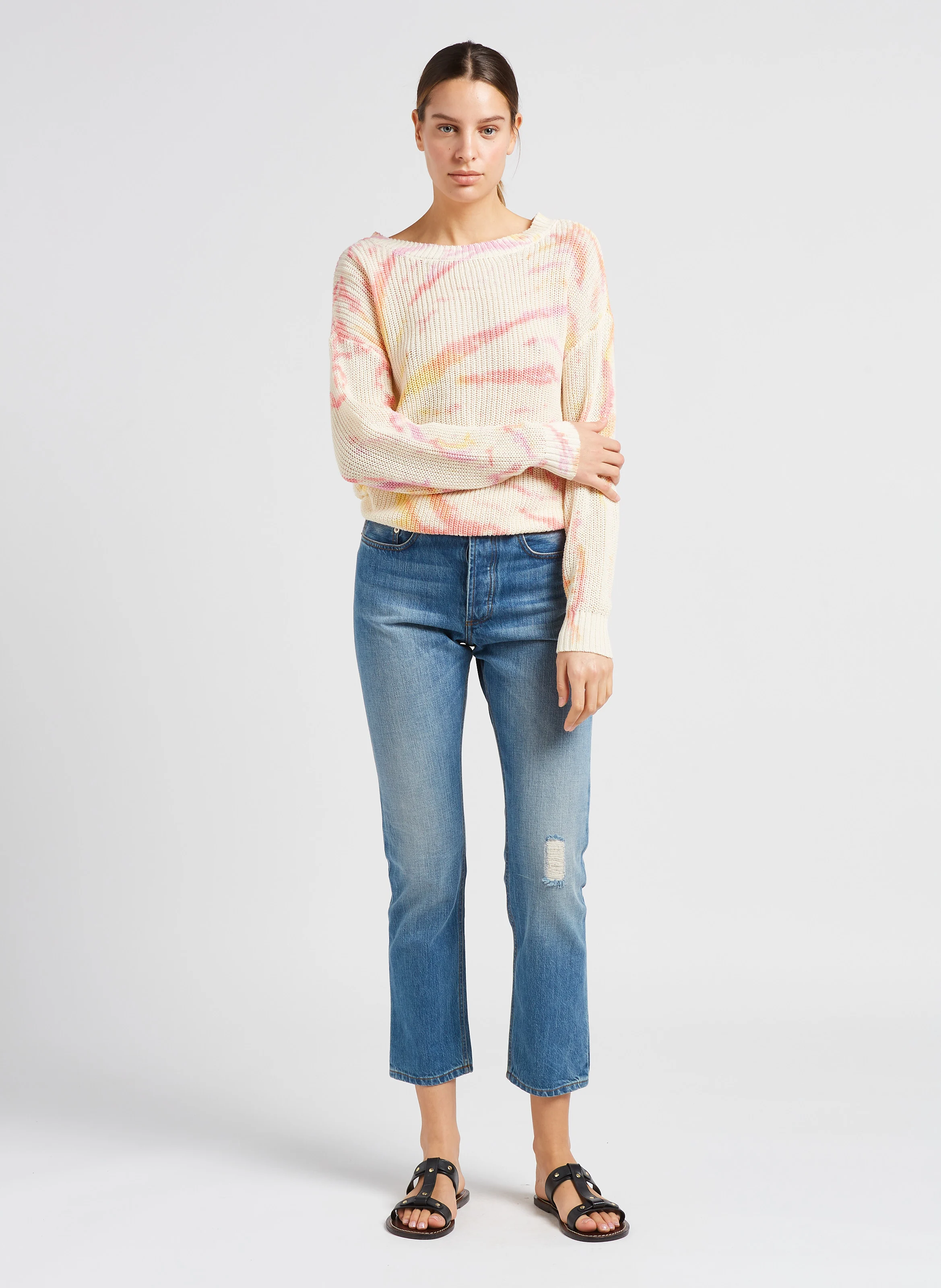Pull col rond jacquard en coton| Beige