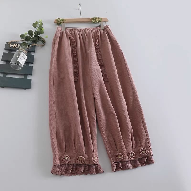 Santeh - Corduroy broek met elastische taille, bloemendetail, ruches en wijde pijpen