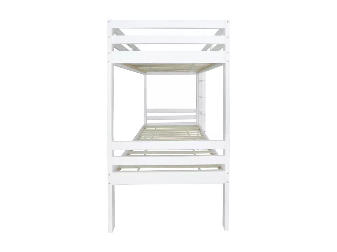 Lit superposé pour enfant, lit enfant avec échelle d'angle à trois niveaux et protection antichute, lit divisé en 2 lits simples, lit d'adolescent, lit simple, cadre en pin, blanc, 90x200cm