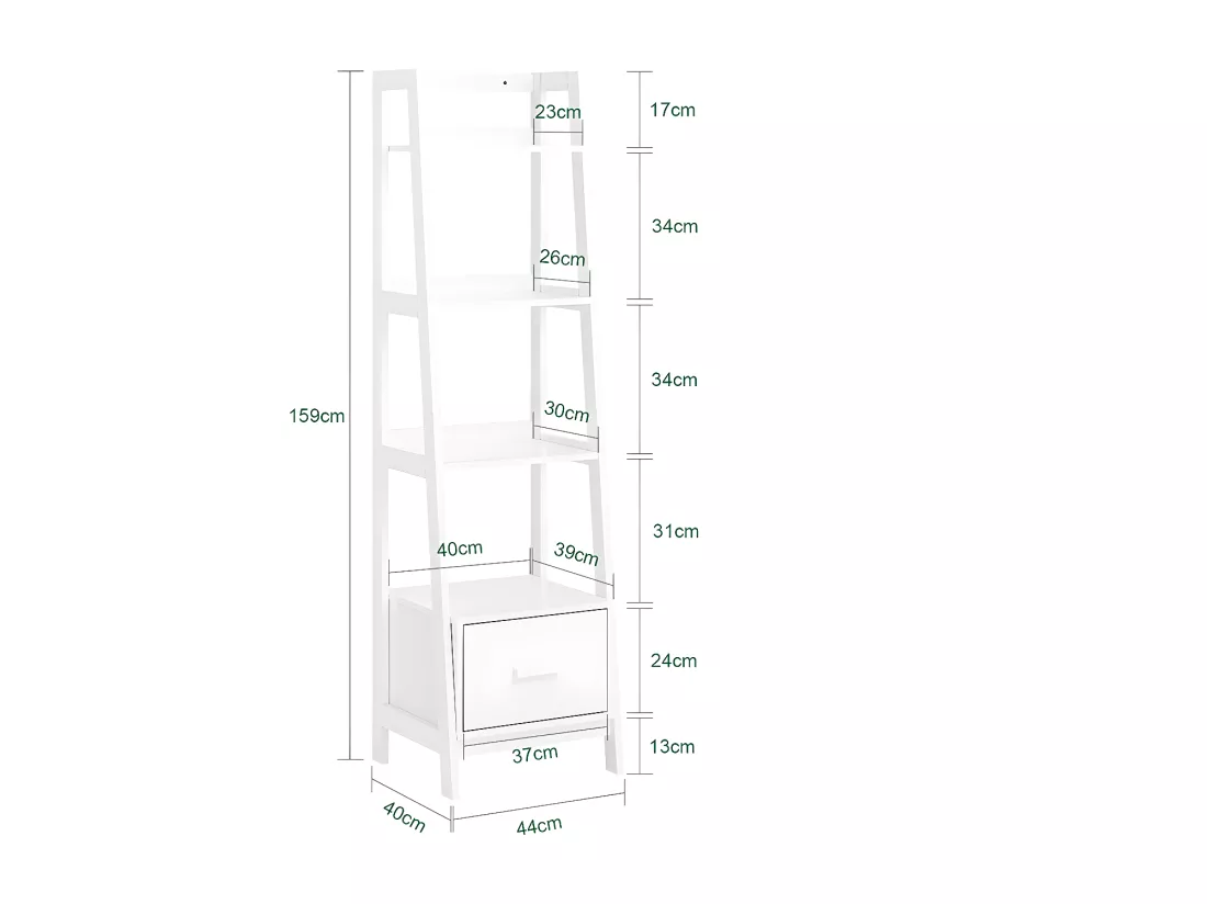 Bibliothèque Étagère style échelle de 4 niveaux et 1 tiroir –Blanc, FRG116-K-W