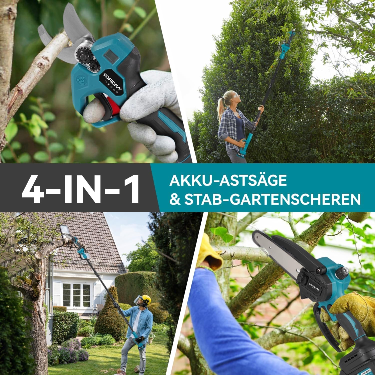 Yofidra 4-IN-1 Akku Hochentaster Ast Kettensäge & Astschere mit Teleskop - Bürstenlos 25mm Baumschere, 6 Zoll Mini Kettensäge, mit 200cm Teleskopstange, 180° Einstellbarer Winkel, 2 x 3.0Ah Akkus