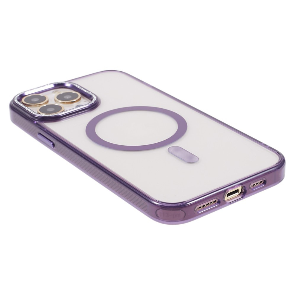 iPhone 14 Pro Max MagSafe Gummi Case Hülle mit Glitzer Aluminium Kameraschutz - Lila / Transparent