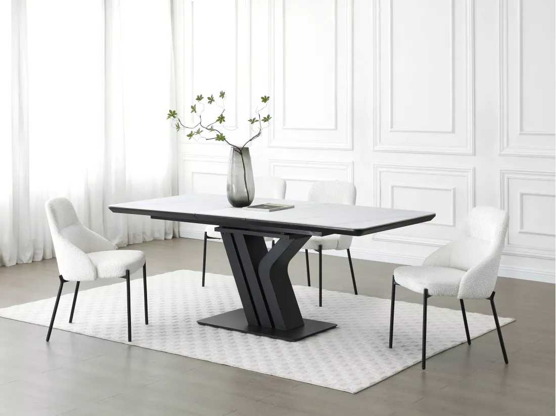 Table à manger extensible 6 à 8 personnes en céramique, MDF et métal - Effet marbre blanc et Noir - MERIANI