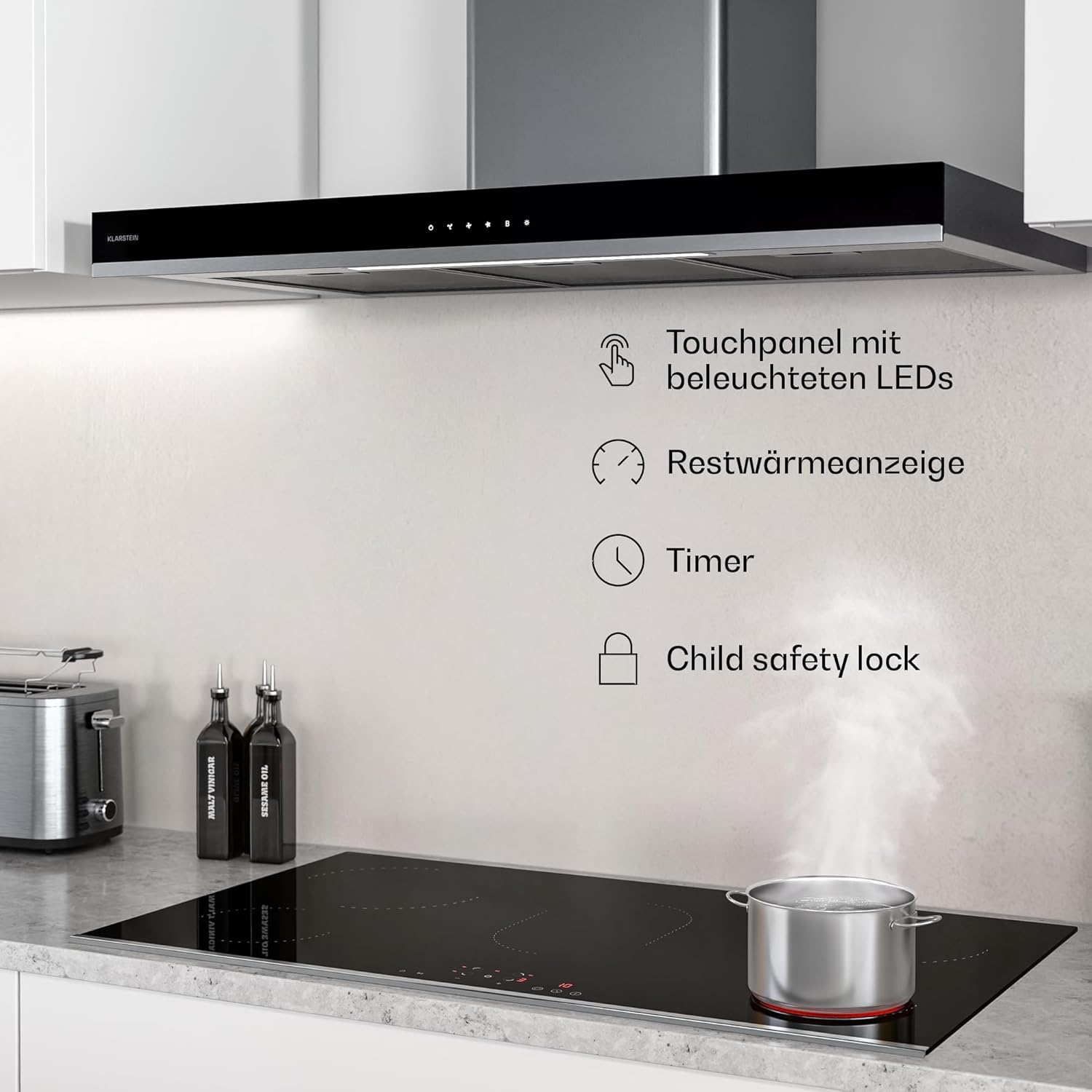 Klarstein Verosteel Glaskeramikkochfeld - 90 cm, 5 Zonen, 8400 W, Touch-Slider, Timer & Kindersicherung, Minimalistisches Design, Elektro Kochfeld, Restwärmeanzeige, Ceramica Oberfläche