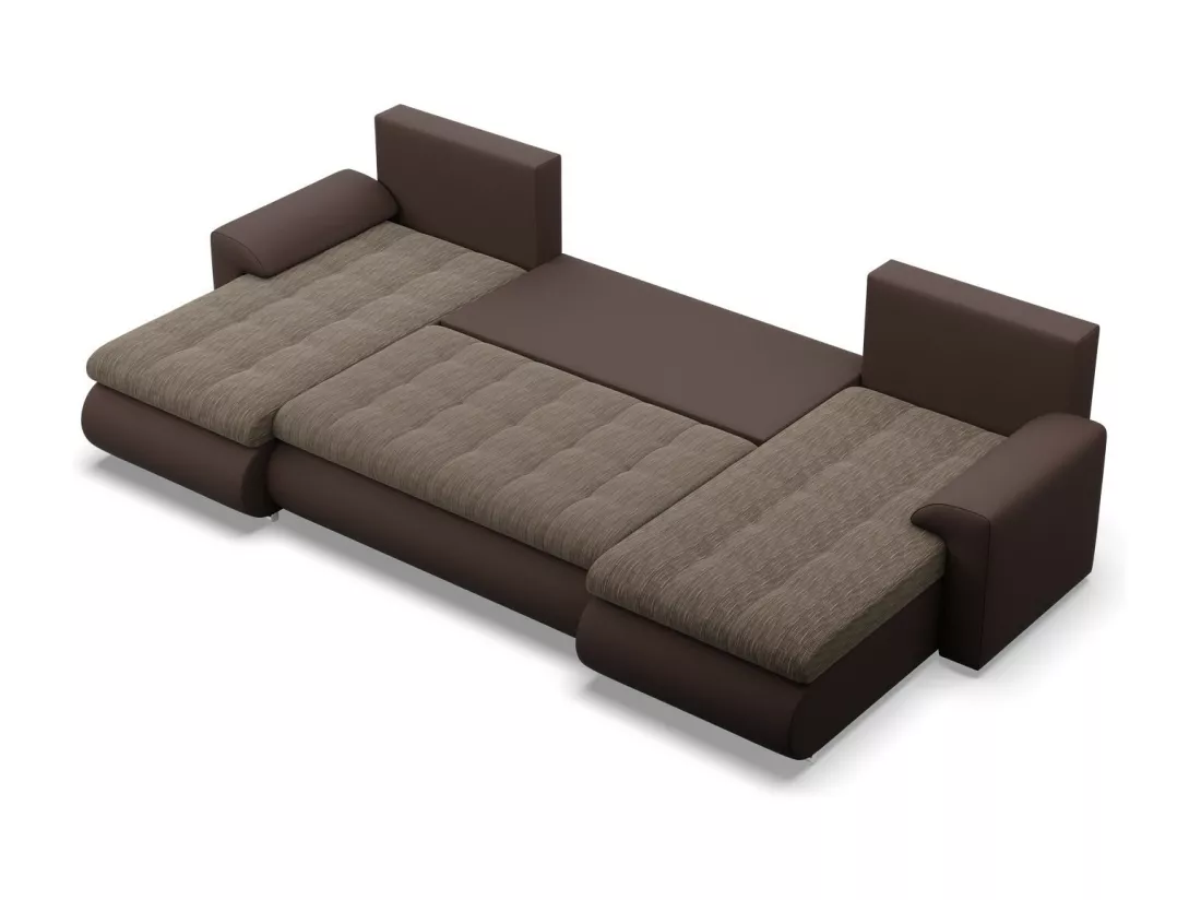 Canapé d'angle en U avec fonction sommeil, 2 méridiennes, Brun + Brun