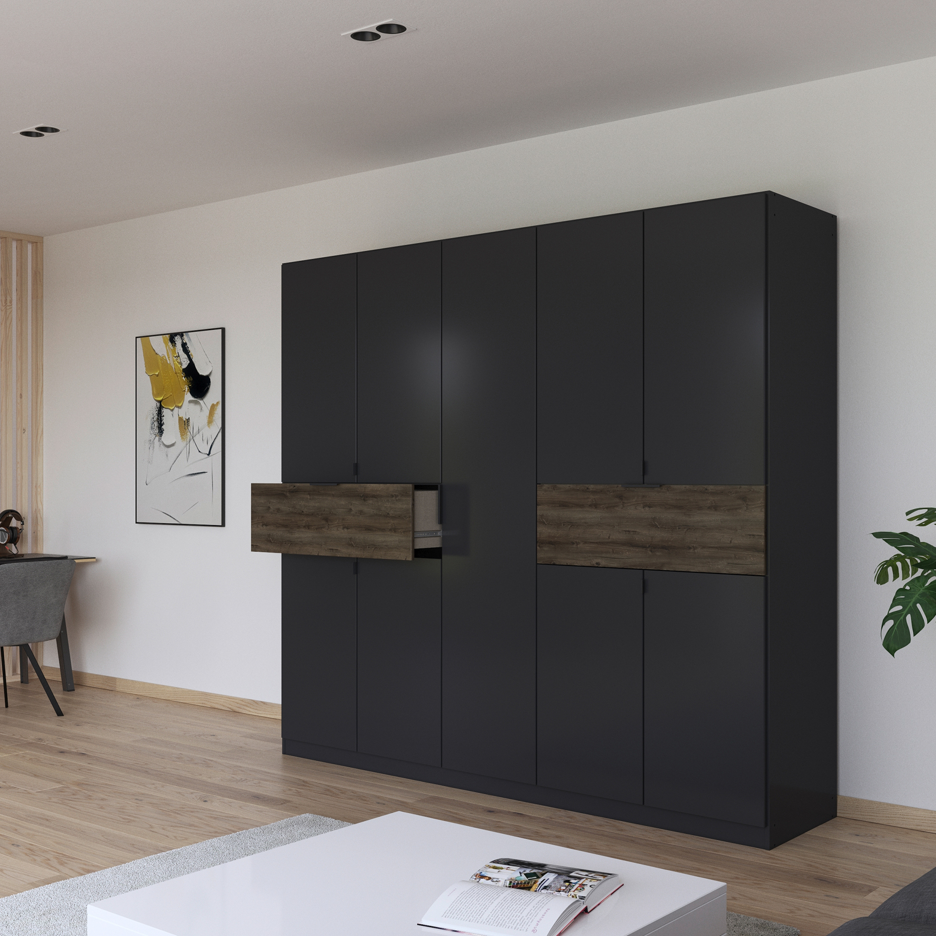 Drehtürenschrank - grau metallic - Oak dunkel - 226 cm - 9-türig