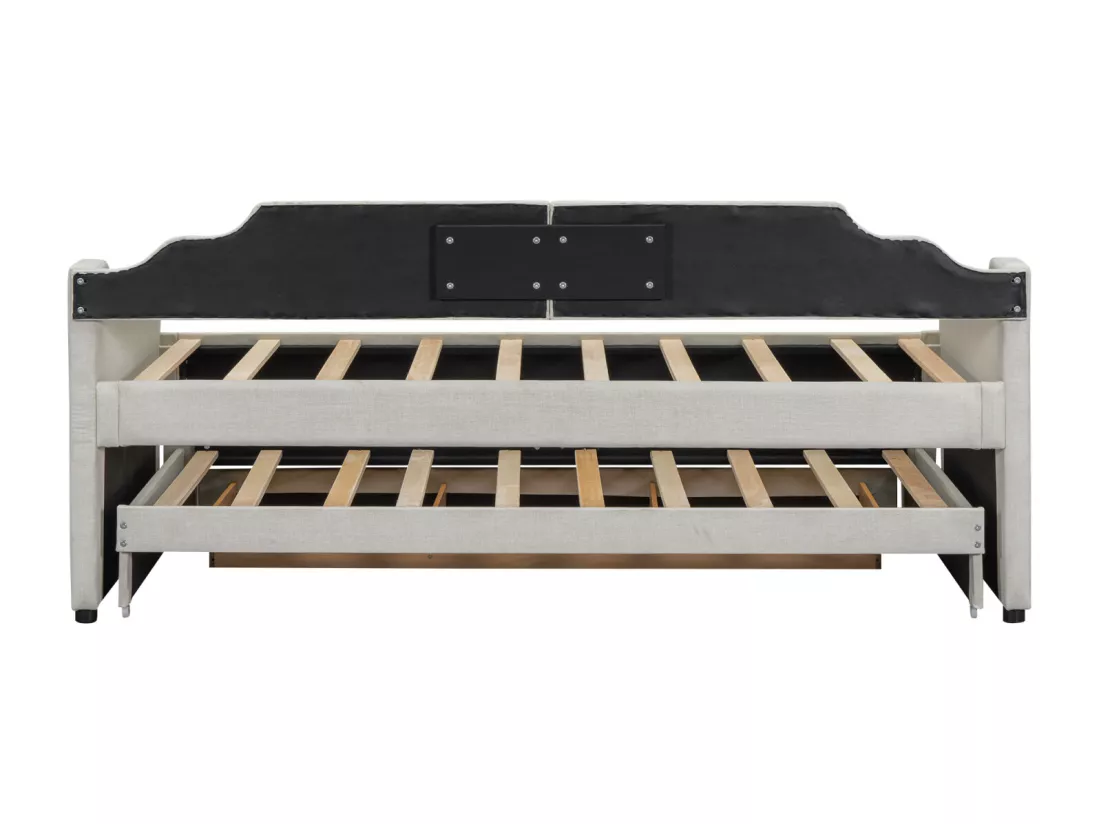Lit gigogne 90x200+90x190cm, lit d'enfant capitonné avec caisson à roulettes, tiroirs, canapé-lit, beige