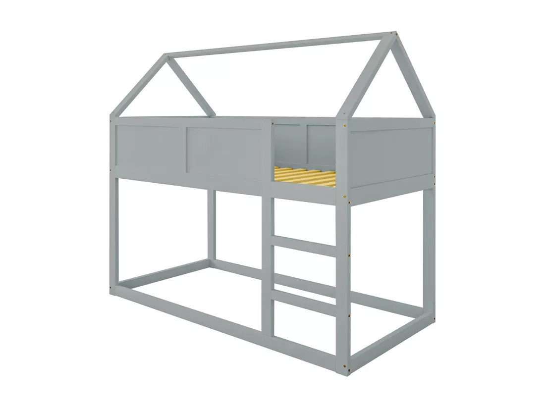 Lit superposé enfant 2 x 90 x 200 cm, lit mezzanine avec escalier, cadre en bois massif, gris