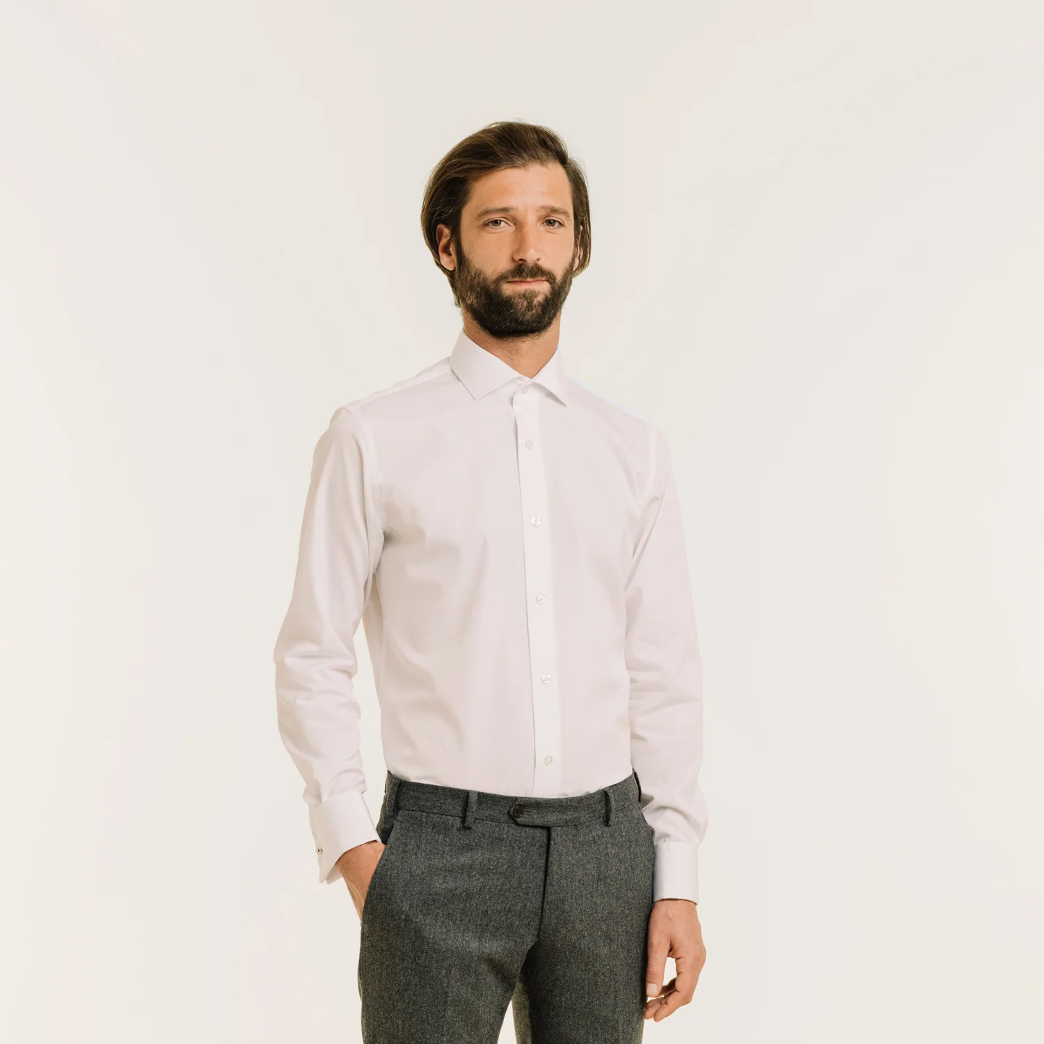 Tailored shirt in white double-twisted poplin with French cuffs