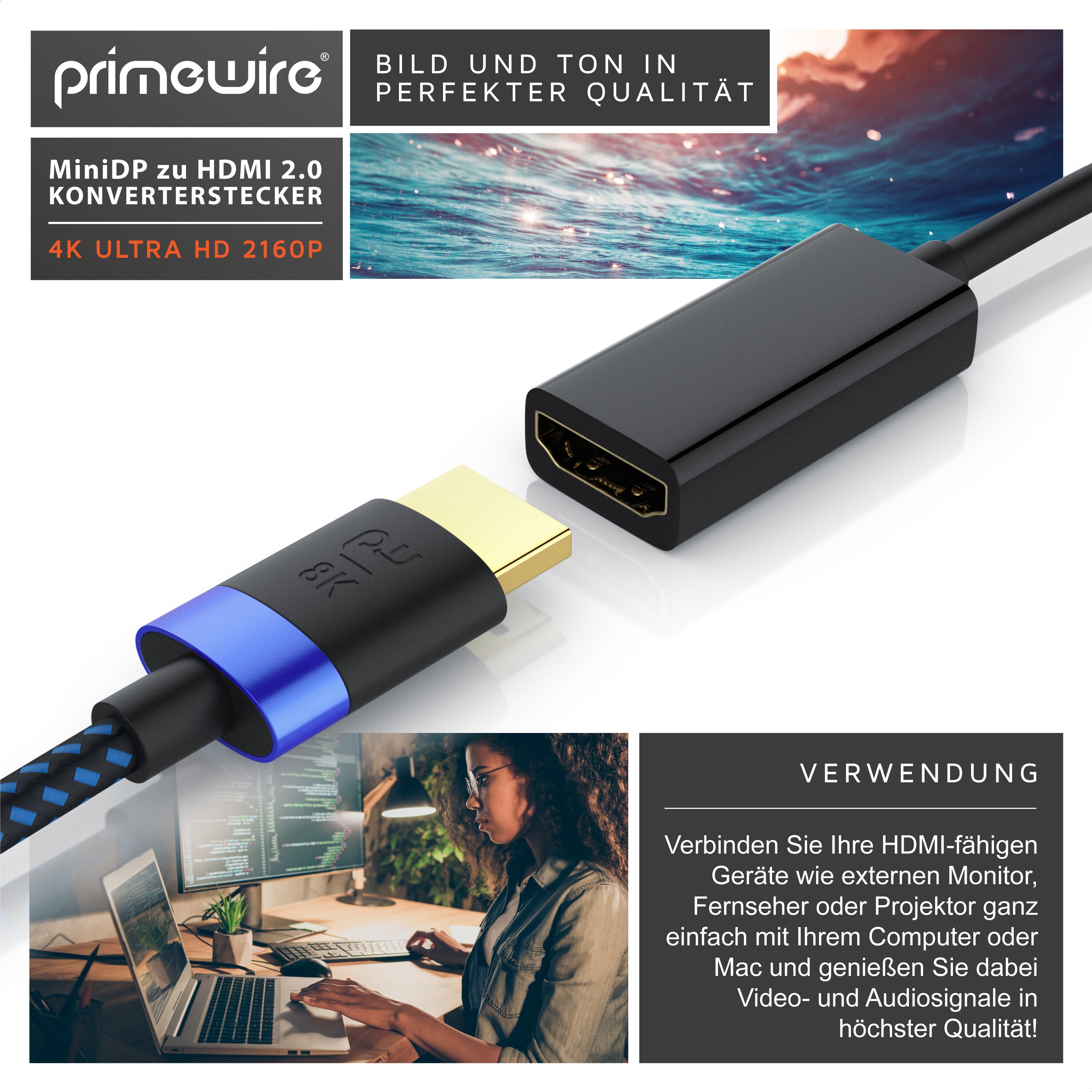 Primewire Mini DisplayPort zu HDMI Adapter, Ultra HD 4k MiniDP zu HDMI Buchse Monitor Konverter, Adapterkabel