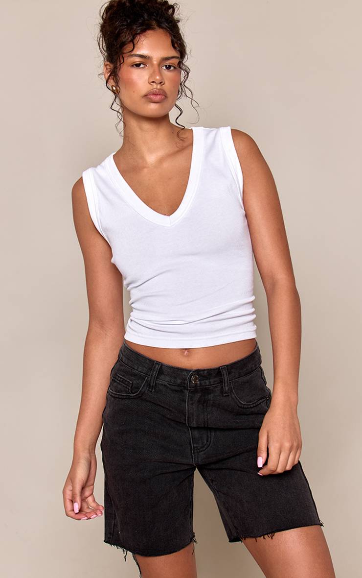 Noir Délavé Short En Jean Ajusté Long