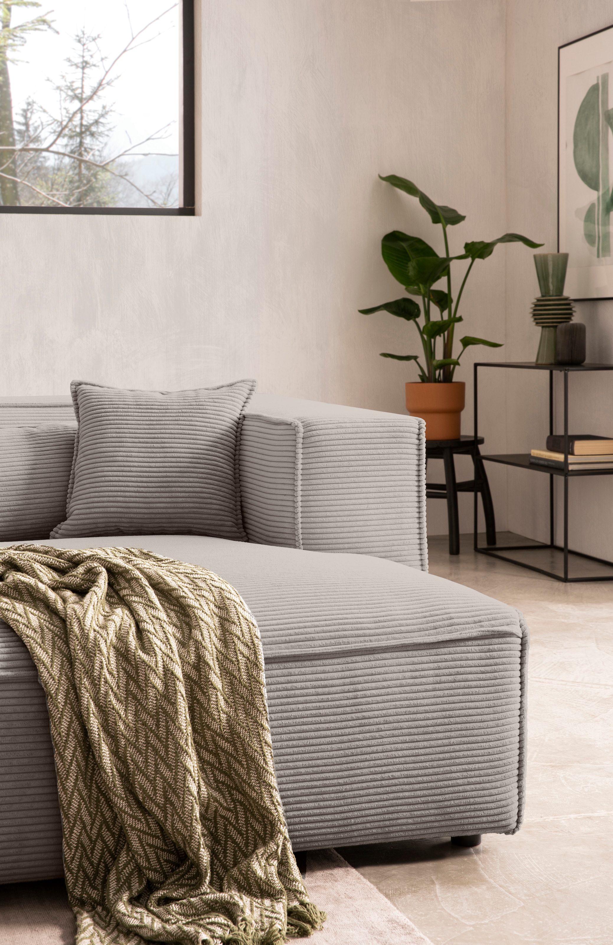 LeGer Home by Lena Gercke Ecksofa »PIARA mit Kedernaht, Cord, Leinenoptik o. Strukturstoff, Couch, L-Form« wahlweise Ottomane rechts/links, schwarze Füsse, bequemer Sitzkomfort